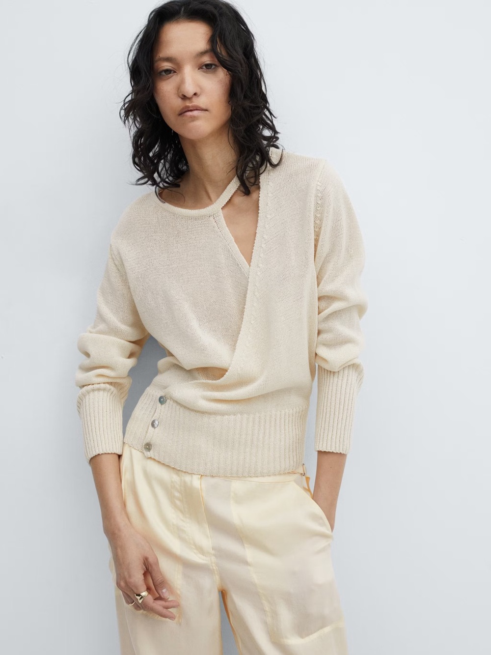Cream Asymmetric Knit Sweater with Button Detail